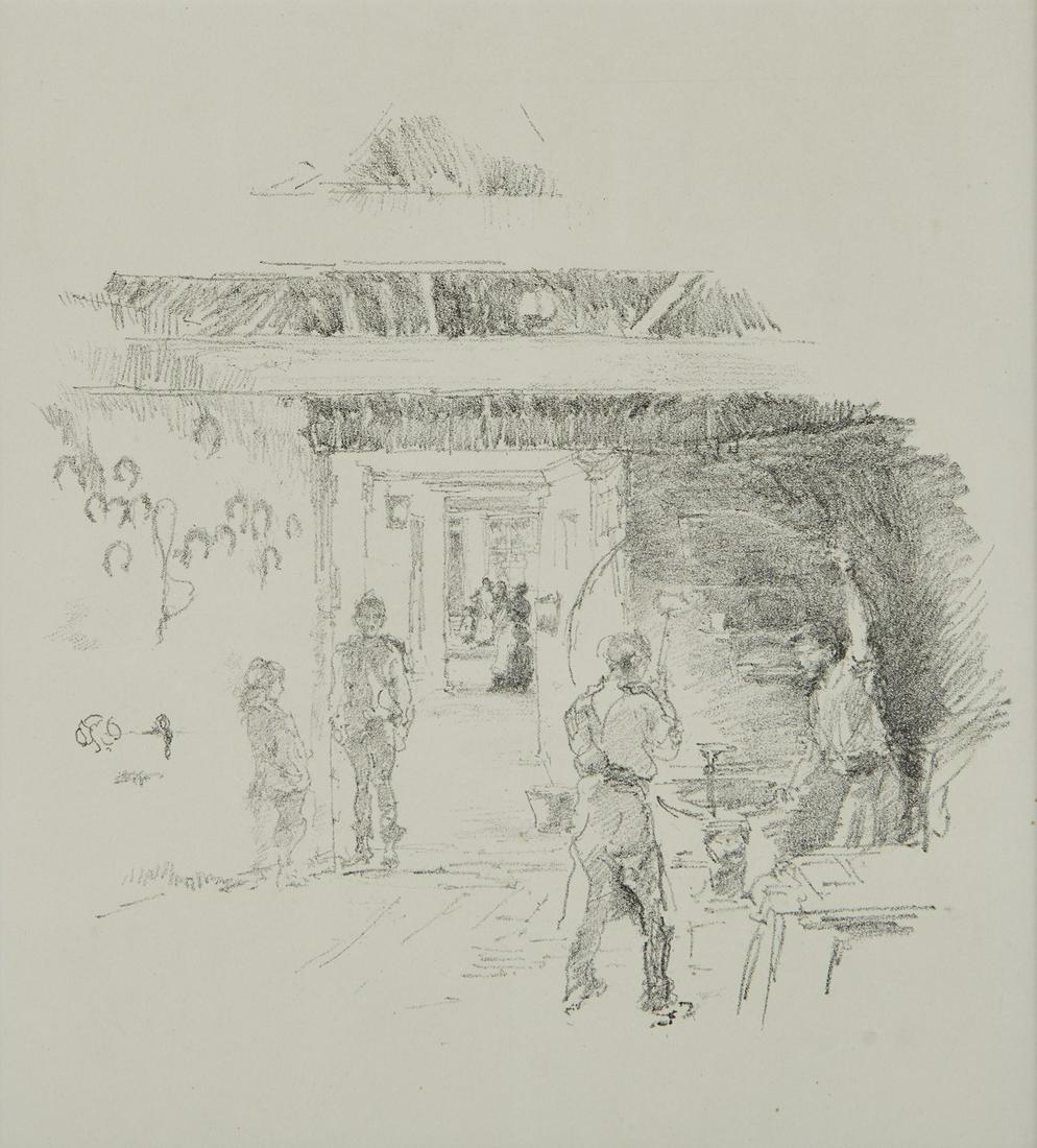 James Whistler "The Tyresmith" Lithograph: James Whistler (American, 1834-1903). Lithograph on paper titled "The Tyresmith," depicting workers fabricating a tire frame, 1890. Butterfly monogram in the stone to the lower left wall. Li