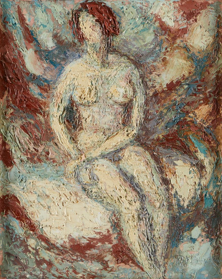 August Molder "Sitting Woman" Oil on Canvas: August Molder (Estonian/American, 1914-1982). Oil on canvas titled "Sitting Woman," depicting a seated nude woman in thick impasto. Signed along the lower right. Further signed and titled al