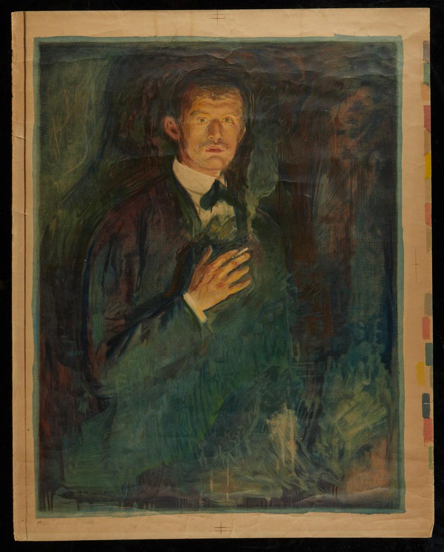 Edvard Munch Poster "Self Portrait with Burning Cigarette": Edvard Munch (Norwegian, 1863-1944). Color lithograph poster of Munch's painting "Self Portrait with Burning Cigarette," 1895, depicting the artist smoking. Numbered 91/250 with a Norwegian