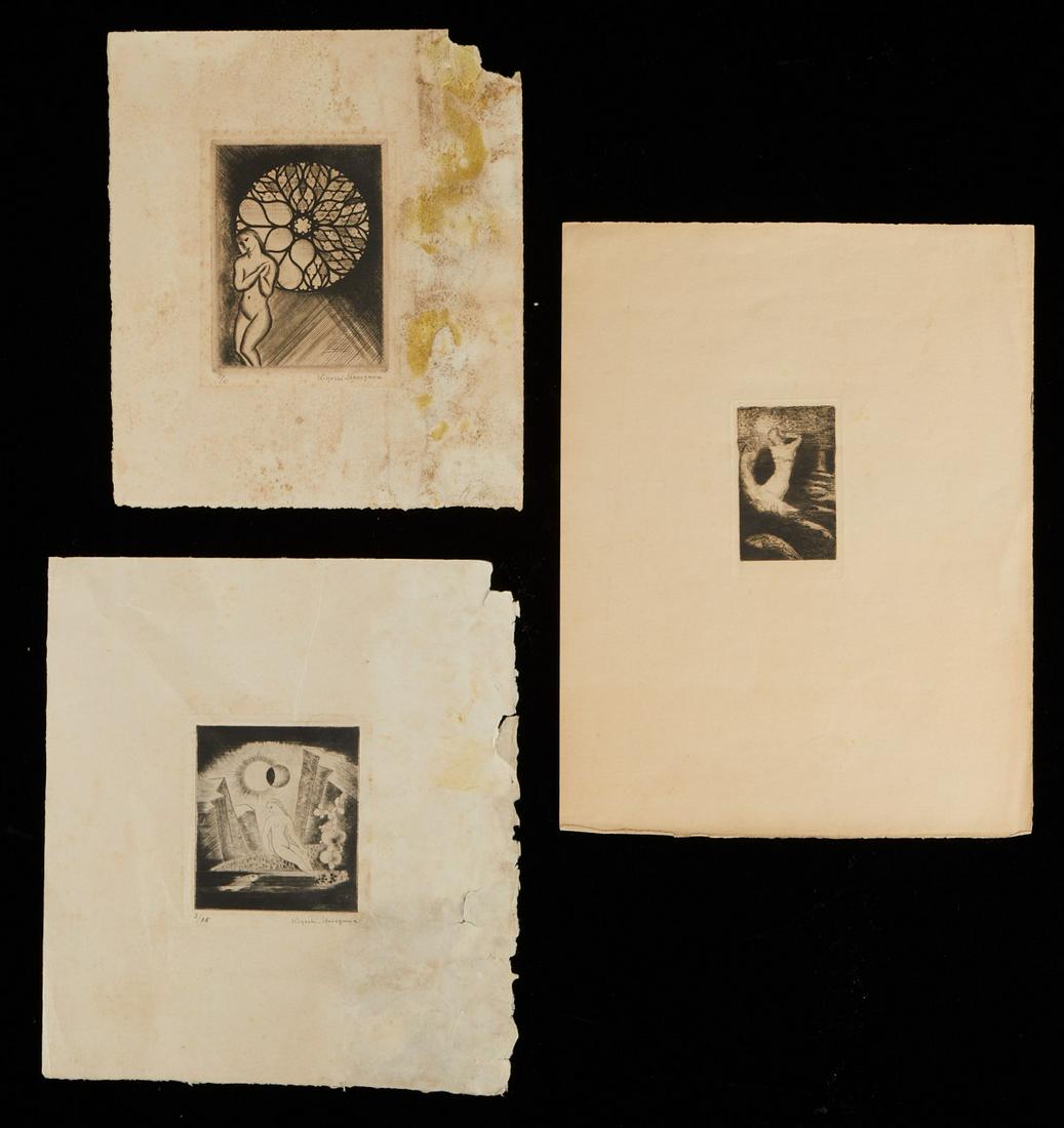 Grp: 3 Prints Kiyoshi Hasegawa w/ Odilon Redon: Group of three prints, including two works by Kiyoshi Hasegawa (Japanese, 1891-1980), both depicting nude women, both signed along the lower right. One print by Odilon Redon (French, 1840-1916) titled