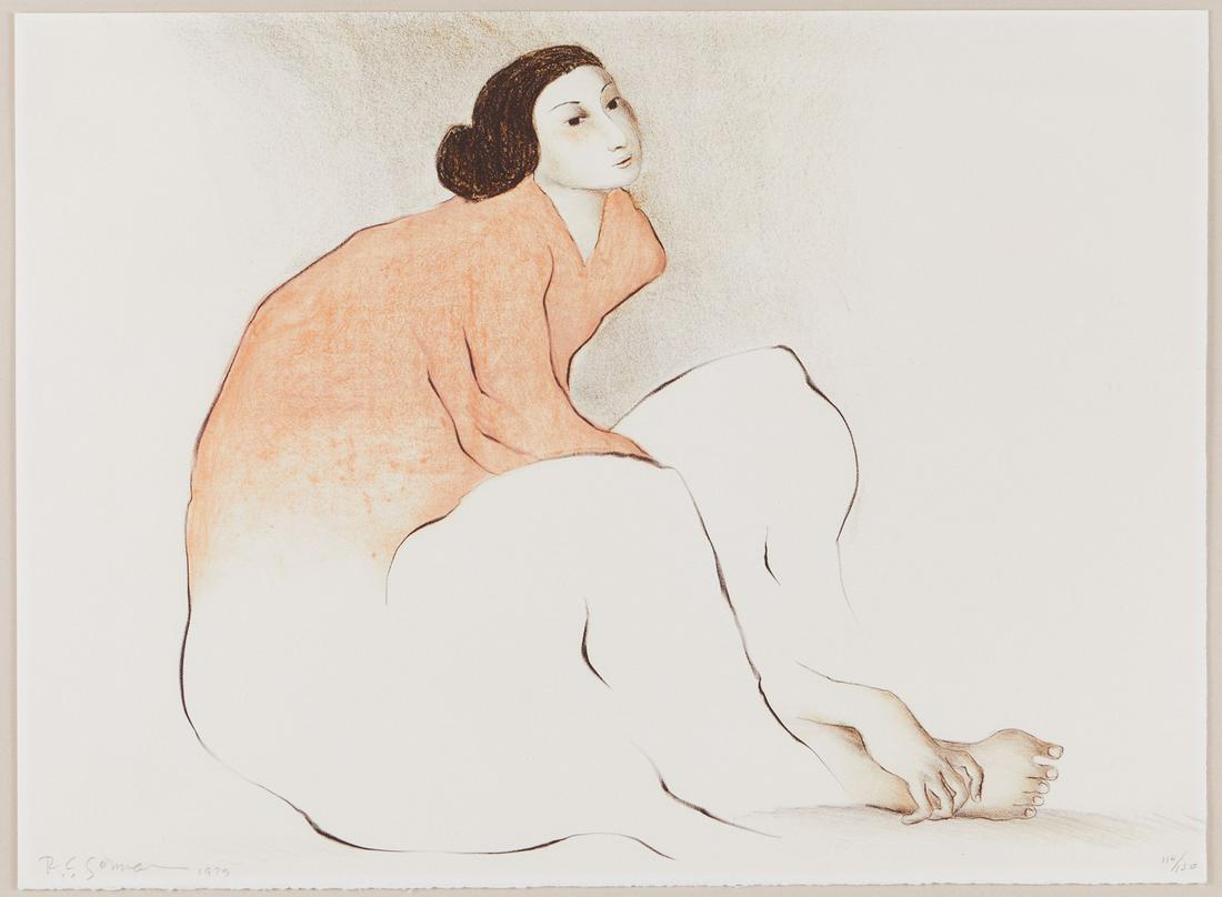 R.C. Gorman "Woman from Paris" Lithograph: Rudolph Carl "R.C." Gorman (Navajo, 1931-2005). Lithograph titled "Woman from Paris" depicting a seated woman. Signed and dated 1975 in pencil along the lower left; numbered 114/15