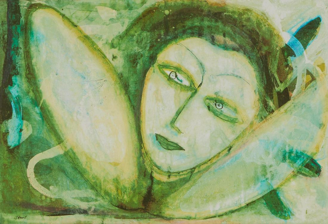 Large Jamali "Persephone" Lithograph: Jamali (Pakistani/American, b. 1944). Color lithograph on paper titled "Persephone," depicting a woman, Persephone from Greek myth, in shades of green. Signed along the lower left. Further s