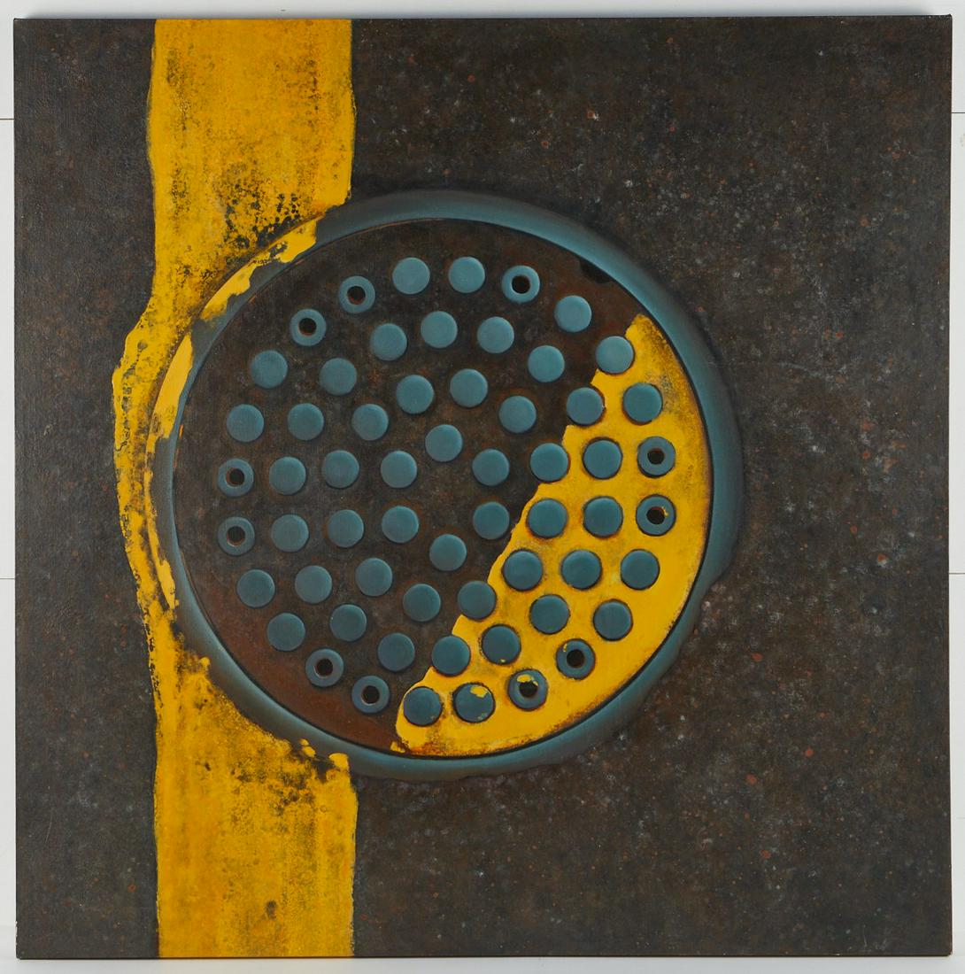 Barbara Frets Manhole Cover from "Street Series": Barbara Frets (American, b. 1929). Acrylic on canvas painting from Frets' "Street Series," 1974, depicting a manhole cover. Signed, titled, dated, and inscribed "acrylic 48 x 48" a
