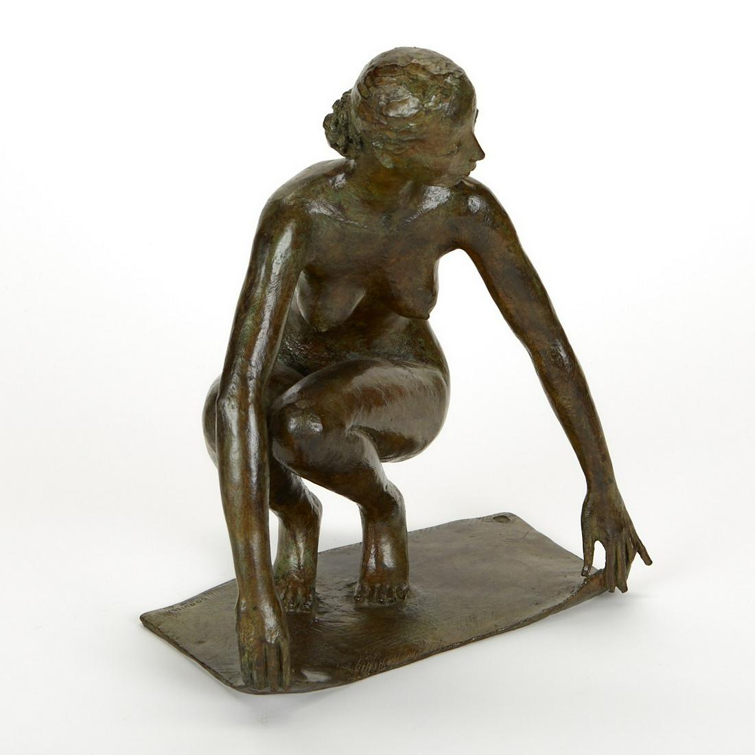 Jacques Coquillay Bronze Sculpture Crouching Woman: Jacques Coquillay (French, b. 1935). Bronze sculpture depicting a crouched nude woman. The woman twists to look to the side, her toes are flexed, and her arms hang in front of her with her fingers gra