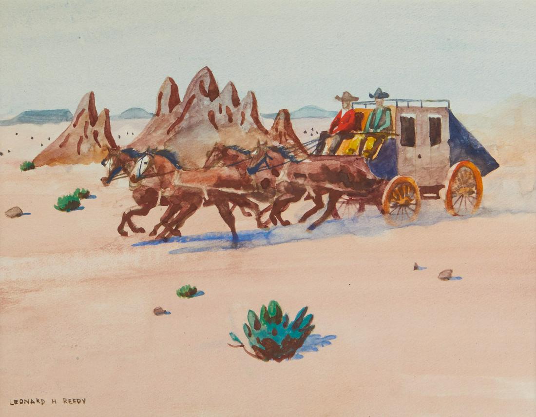 Leonard Reedy Stagecoach Watercolor: Leonard Reedy (American, 1899-1956). Watercolor on paper depicting a stagecoach traveling through the desert. Signed along the lower left. Sight; height: 7 3/4 in x width: 10 1/4 in. Matted; height: 1