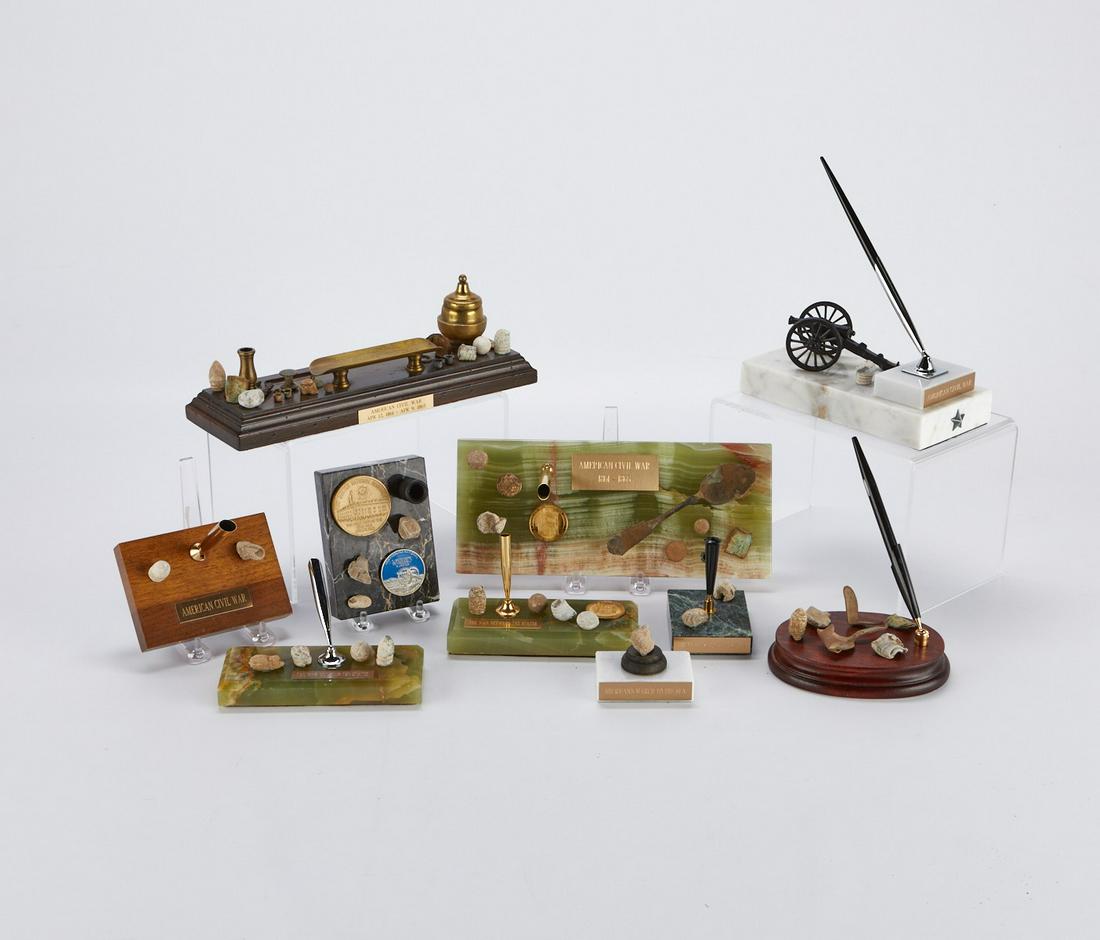Group of 10 Pen Displays With Civil War Artifacts: Group of 10 beautifully constructed pen displays with various artifacts from the Civil War. The displays have several bullets, a spoon, and other decorative objects. Some of the pen displays also are