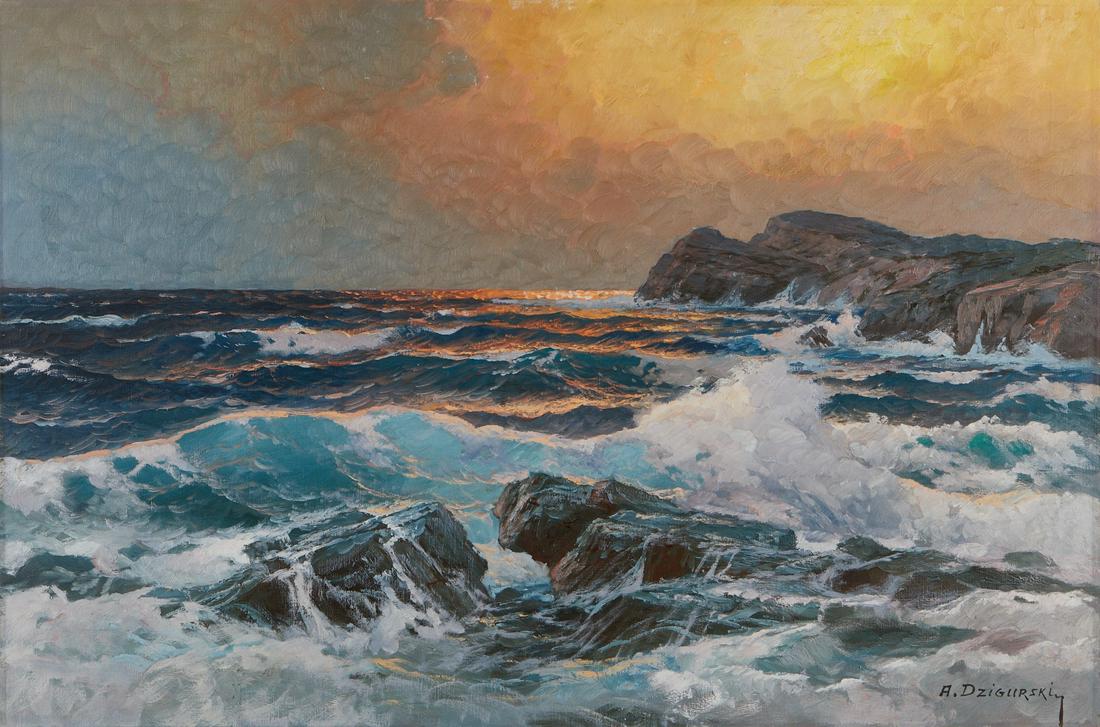 Alexander Dzigurski Seascape Painting: Alexander Dzigurski (American, 1911-1995). Oil painting on canvas depicting a seascape of waves breaking over rocks with the setting sun in the background. Signed along the lower right. Further signed