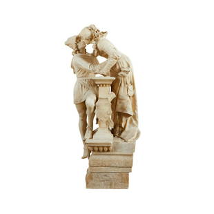 Alabaster Romeo & Juliet Sculpture: Alabaster sculpture of Romeo and Juliet, reign of King Umberto I, 1878-1900. Juliet is depicted standing on her balcony, leaning down to kiss Romeo. Unsigned. Height: 46 in x width: 18 in x depth: 16