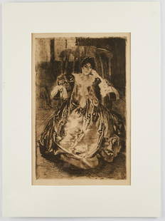 Albert Besnard "La Robe de Soie" Etching: Albert Besnard (French, 1849-1934). Drypoint etching and aquatint on paper titled "La Robe de Soie," depicting a smiling woman in a long flowing robe seated in a large chair. Titled and