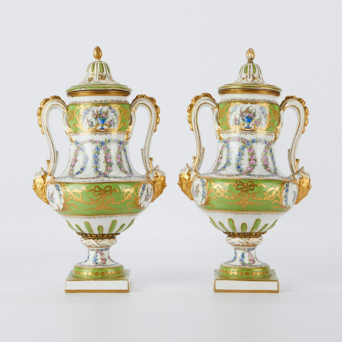 Pair of French Sevres Style Green Lidded Urns (1 of 8)