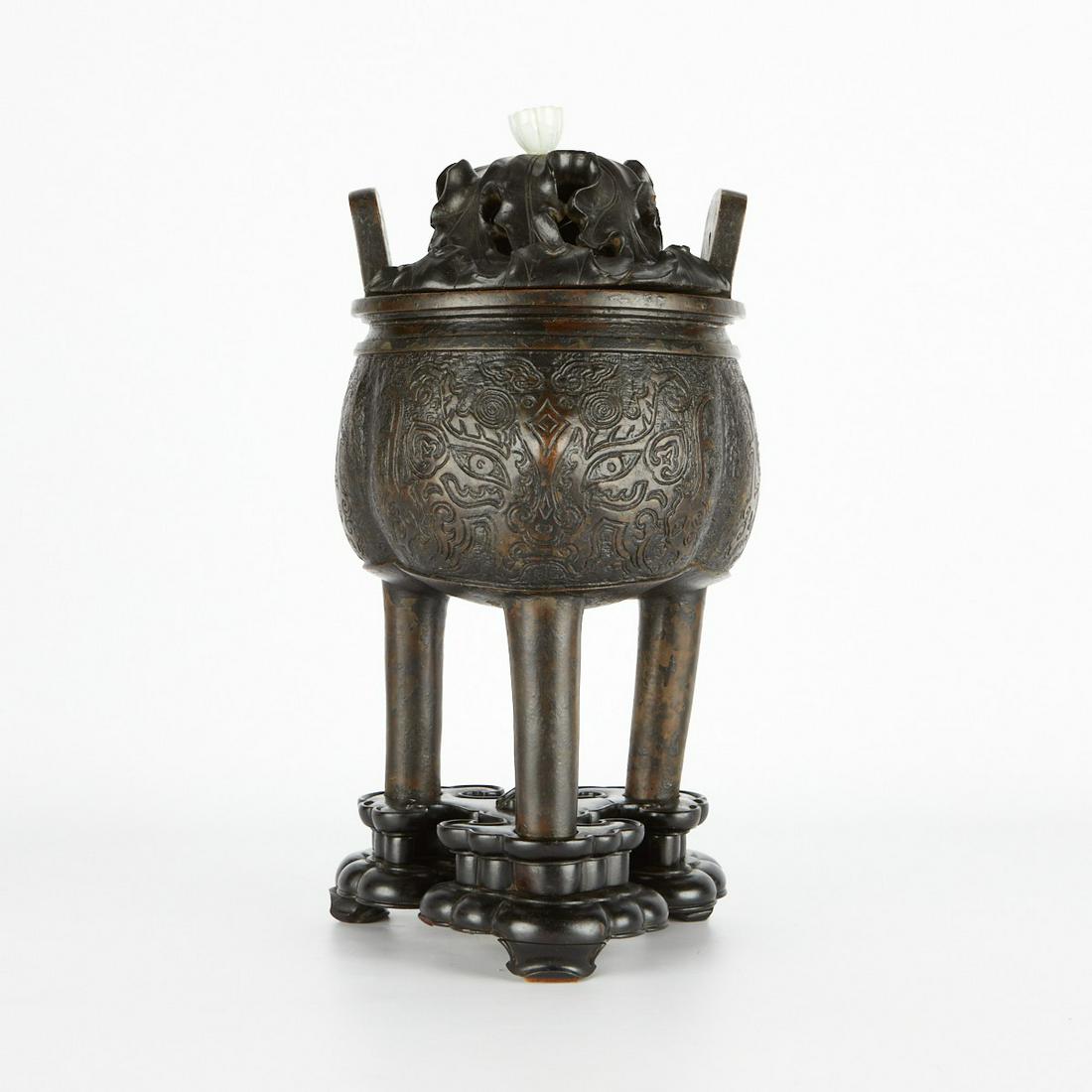 17th-18th c. Chinese Bronze Censer w/ Jade Knop (1 of 7)