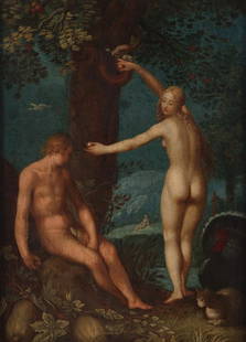 Attrib. Abraham Bloemaert "Eve Gives Adam the Fruit" Oil on Panel: Attributed to Abraham Bloemaert (Dutch, 1564-1651). Oil painting on panel titled "Eve Gives Adam the Fruit," depicting the scene from the biblical Book of Genesis. A partially illegible