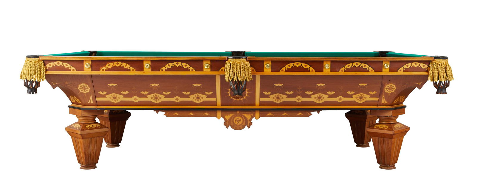 19th/20th c. Brunswick Monarch Pool Table: Brunswick-Balke-Collender Co., United States. Late 19th to early 20th century pool table, either "Monarch the Cushion" or "Brilliant Novelty" with a Monarch label. Thoroughly decorated with inlaid mar