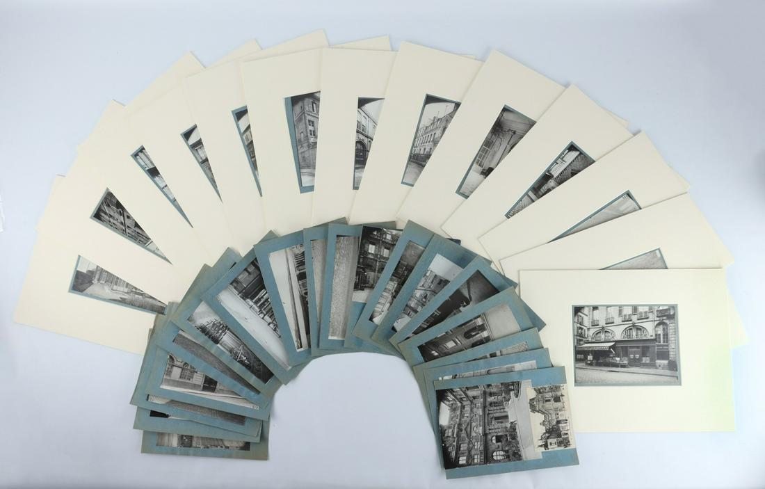 31 Eugene Atget Architectural Photographs: Eugene Atget (French, 1857-1927). Group of 31 architectural photographs of Paris and France. Many heavily annotated in French along the verso in ink.(Matted) Unframed; height ranges from 7 in to 9 in;