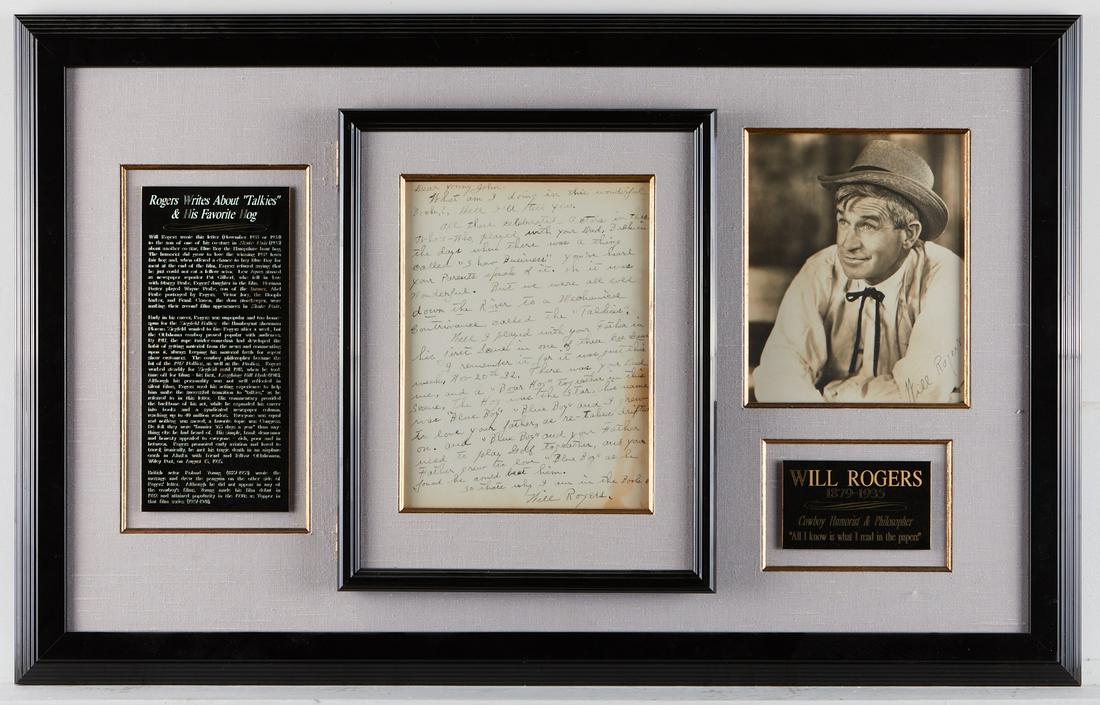 Will Rogers Autograph and Letter: Signed photograph of Will Rogers (American, 1879-1935). Also included is a letter, ca. 1934-35, inscribed from both Rogers and Roland Young (British, 1887-1953): "Dear young John, What am I doing