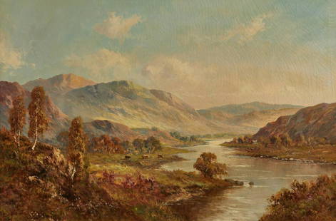 Graham Williams Landscape Painting: Francis E. Jamieson, alias Graham Williams (British, 1895-1950). Oil painting on canvas depicting a highland landscape with cattle grazing along a riverbank. Signed along the lower left. Unframed;