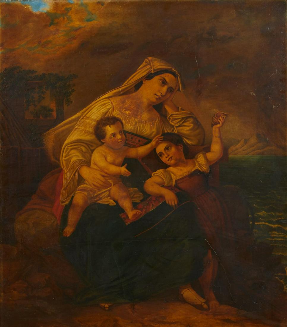 Oil on Canvas Mother & Children Painting: Oil painting on canvas, likely Spanish or Italian, depicting a mother with two children in a landscape with distant mountains along the edge of the sea. The mother holds the younger child in her lap, 