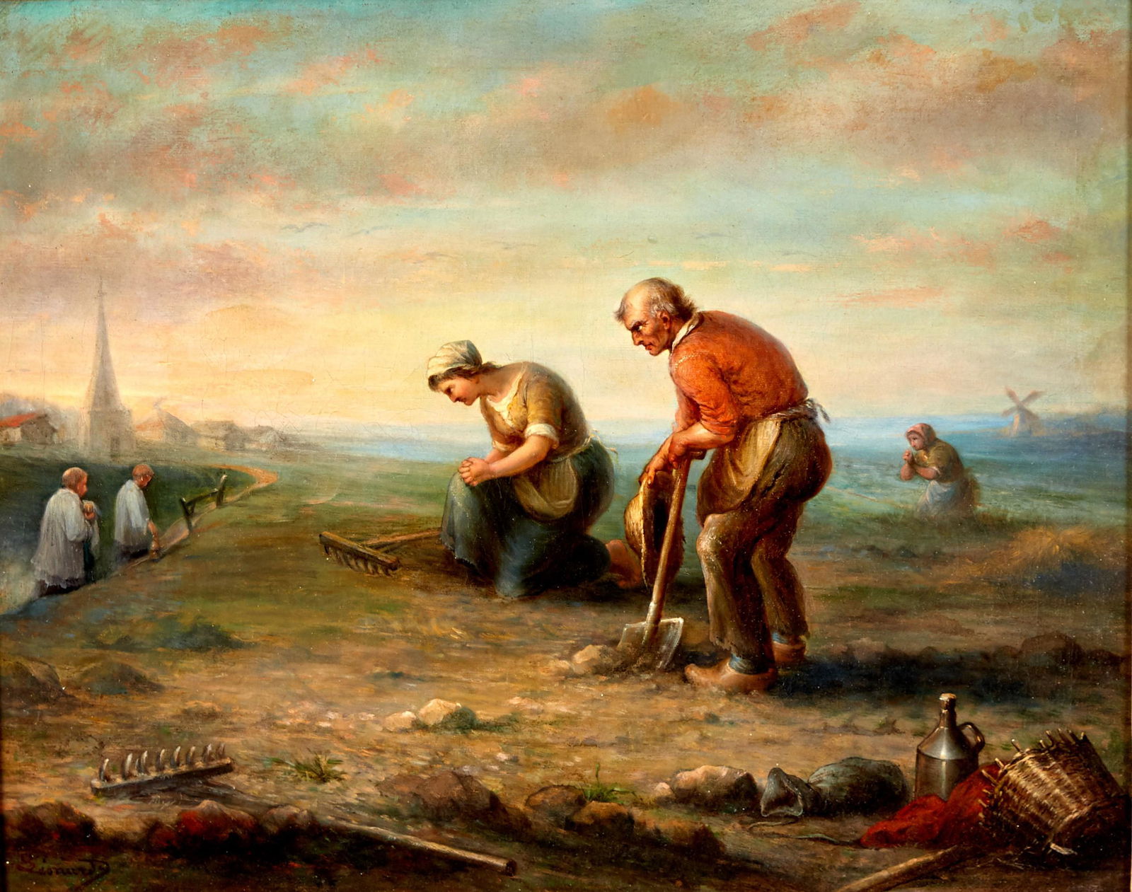 Antique Painting Signed Leonardi Landscape Church (1 of 4)