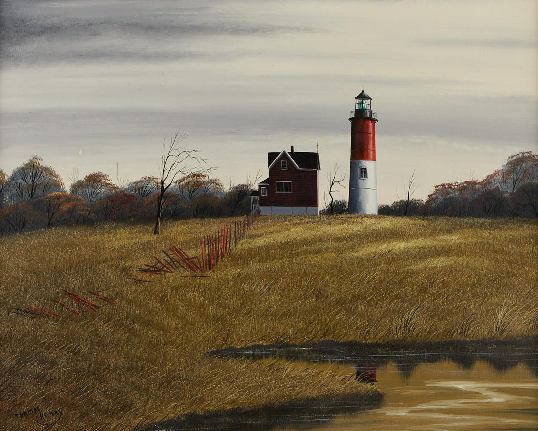 Thomas Kerry "Lighthouse" Acrylic on Canvas: Thomas Kerry (British/American, 20th c). Acrylic on canvas painting depicting a lighthouse against a grassy field. Signed along the lower left.Provenance: Distinguished corporate collection, Minnesota