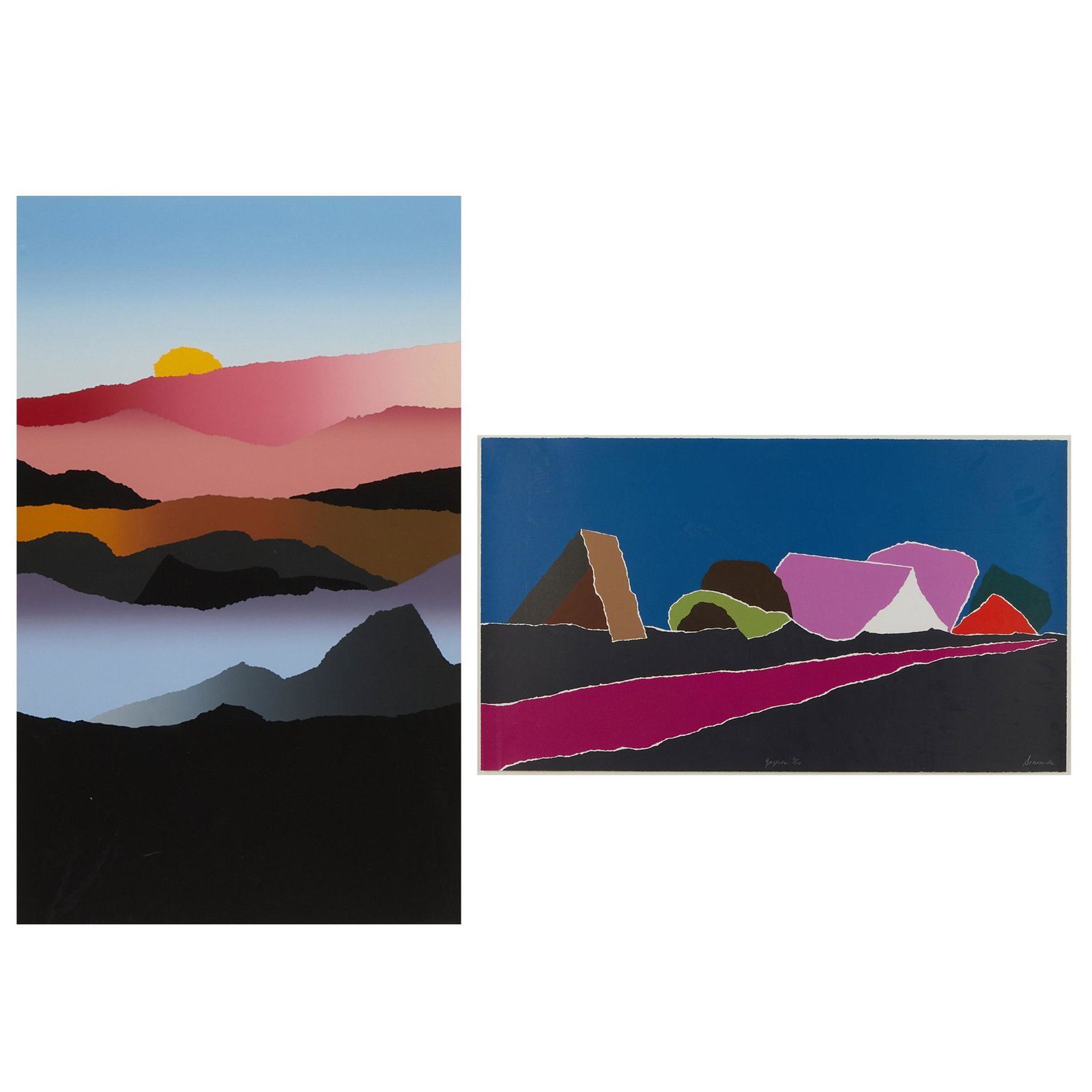 2 Arthur Secunda Serigraphs: Arthur Secunda (American, b. 1927). Group of two framed serigraphs.The first titled "Rodos," depicting an abstract sunset; pencil signed along the lower right; titled and numbered 81/125 alo