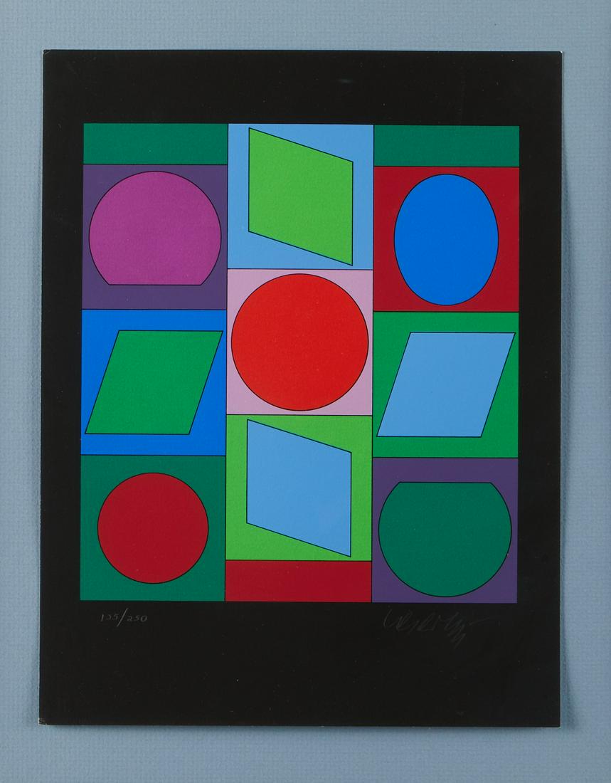 Victor Vasarely "Microcosmos Cubes" Serigraph: Victor Vasarely (Hungarian/French, 1906-1997). Op-art abstract serigraph on paper titled "Microcosmos Cubes." Pencil signed along the lower right; numbered 135/250 along the lower left. With