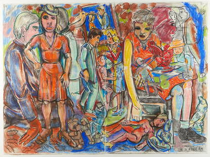 Viola Frey "The Discussion II" Pastel on Paper: Viola Frey (American, 1933-2004). Pastel on paper drawing titled "The Discussion II," 1994. Consisting of two pieces of paper joined together, the work depicts numerous figures engaging in c