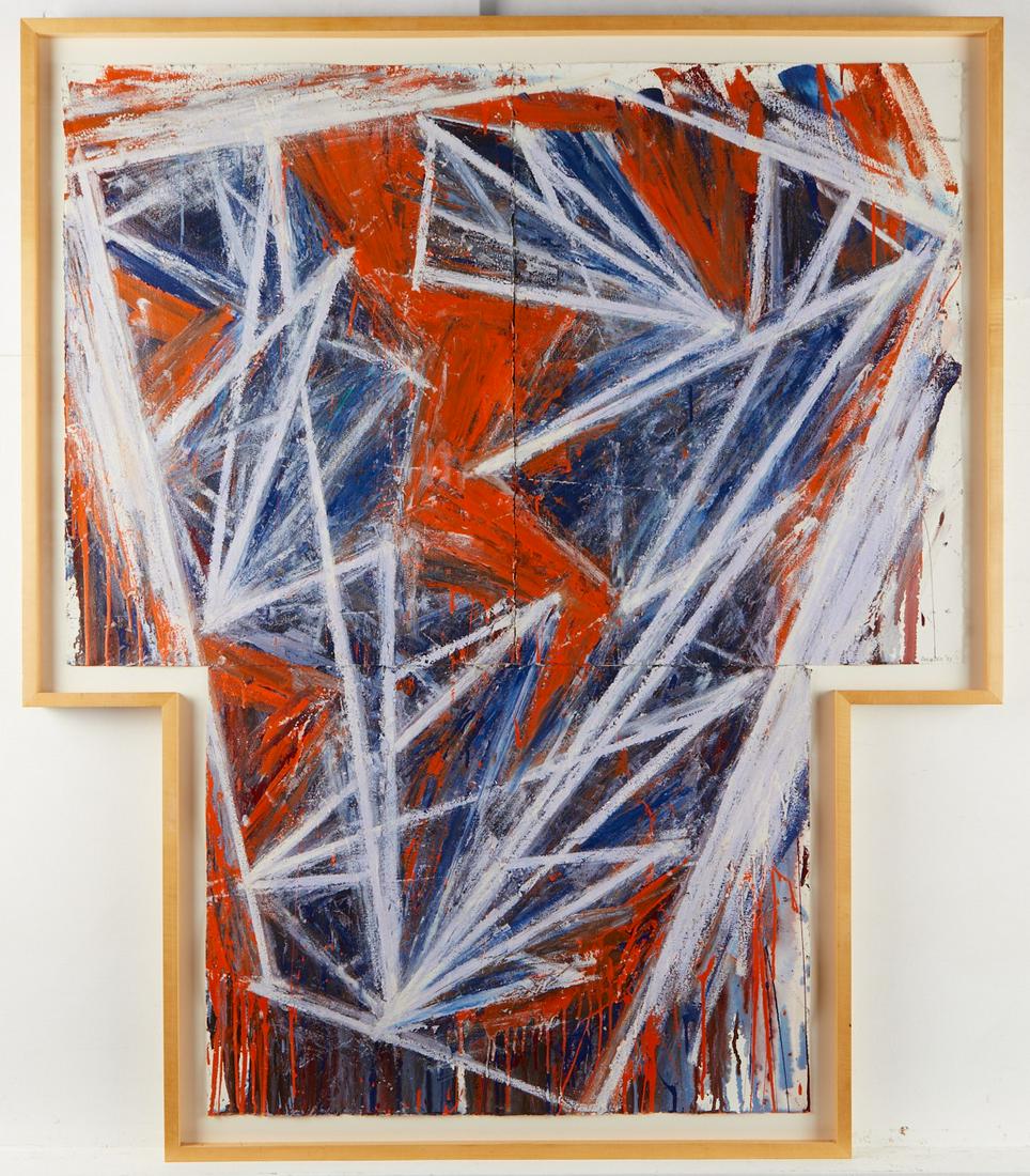 Mel Bochner "Nomad" Mixed Media: Mel Bochner (American, b. 1940). Oil and enamel on paper titled "Nomad," 1983, depicting abstract shapes and lines of blue, red, and white. Pencil signed and dated along the right edge. The