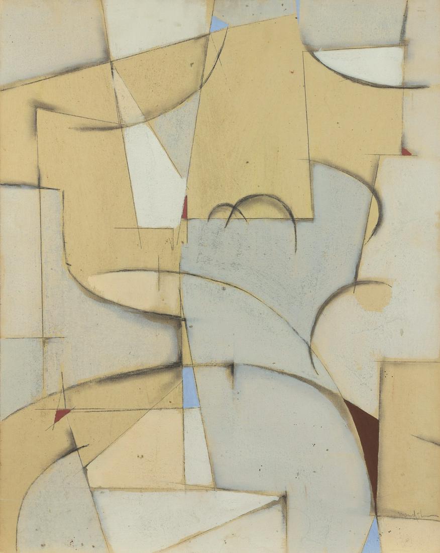 Beatrice Mandelman "Gray Form" Abstract: Beatrice Mandelman (American, 1912-1998). Oil and pencil on canvas board titled "Gray Form," depicting an abstract composition in shades of gray, blue, and tan. Signed along the lower right.