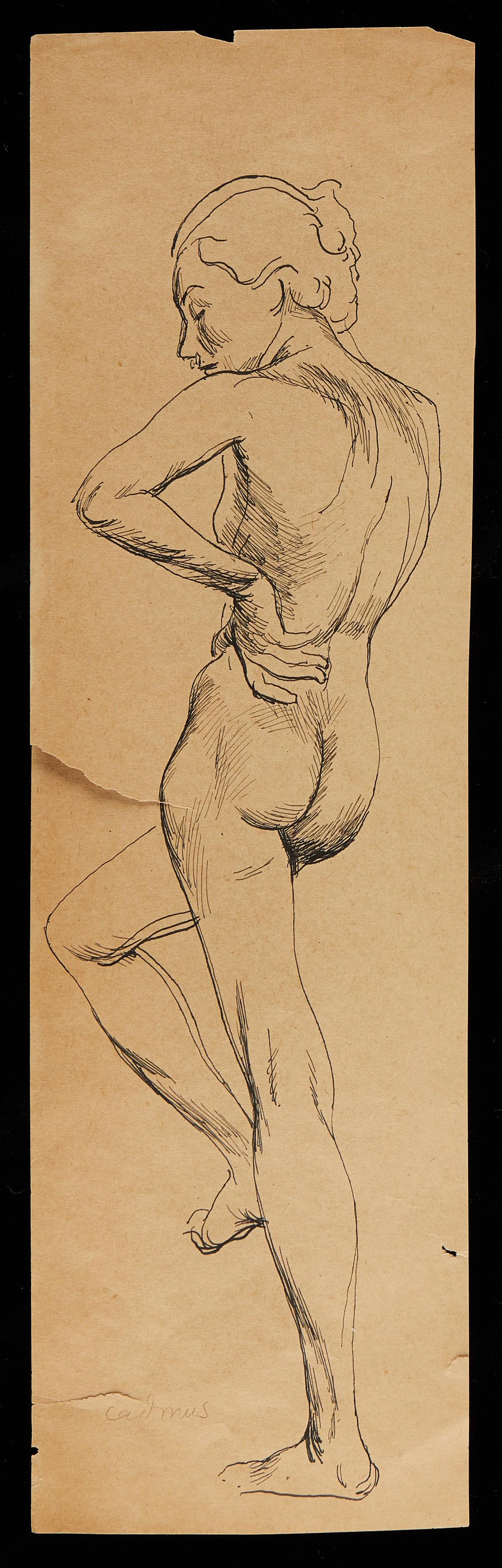 Paul Cadmus Female Nude Pen on Paper: Paul Cadmus (American, 1904-1999). Pen drawing on paper depicting a female nude. She is looking away from the viewer with one hand on her hip and one foot raised. Signed in pencil along the lower left
