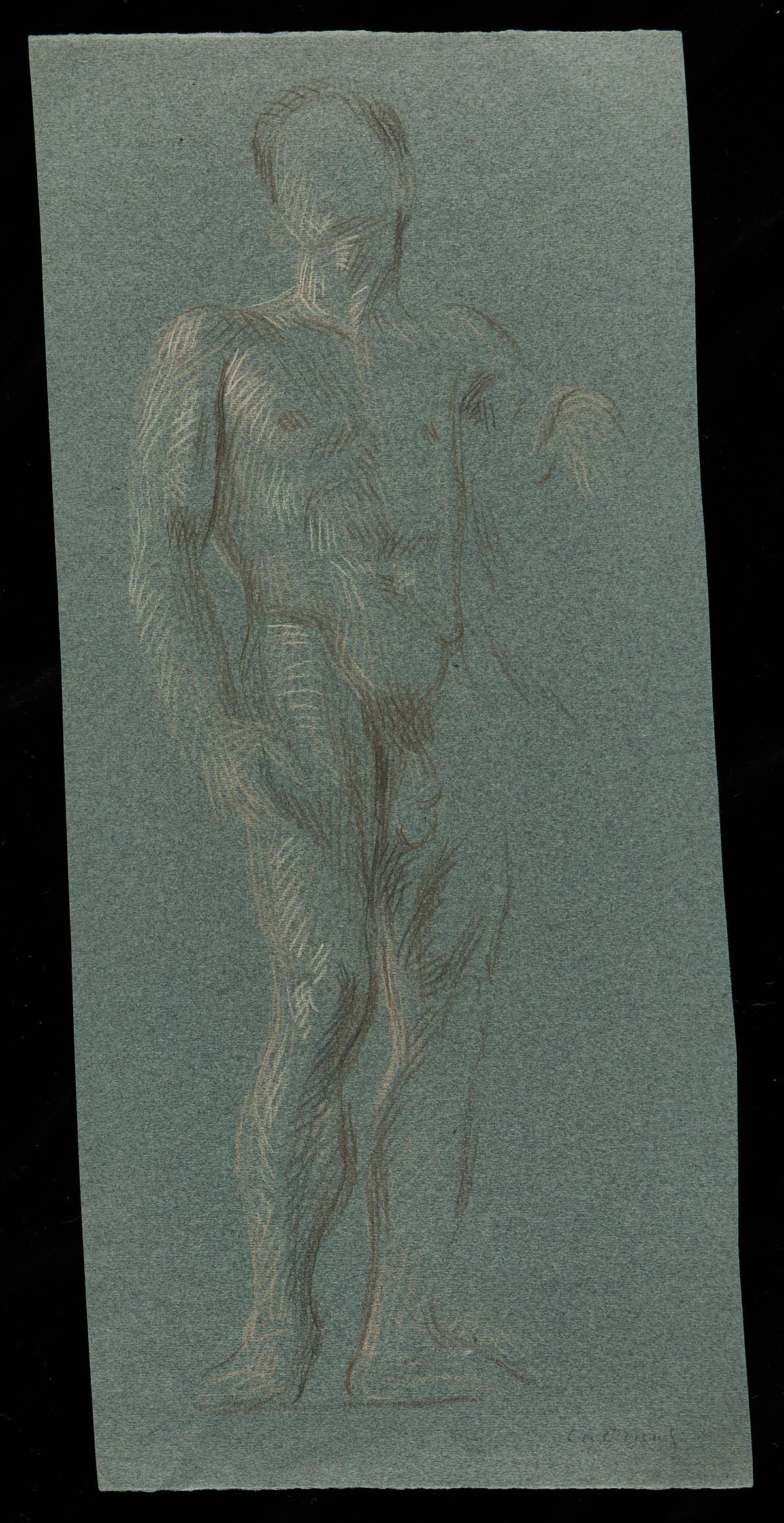 Paul Cadmus Male Nude Crayon on Green Paper: Paul Cadmus (American, 1904-1999). Crayon drawing on green paper depicting a statuesque male nude. Signed in pencil along the lower right. Provenance: Estate of Paul Cadmus; The collection of Jon Ande