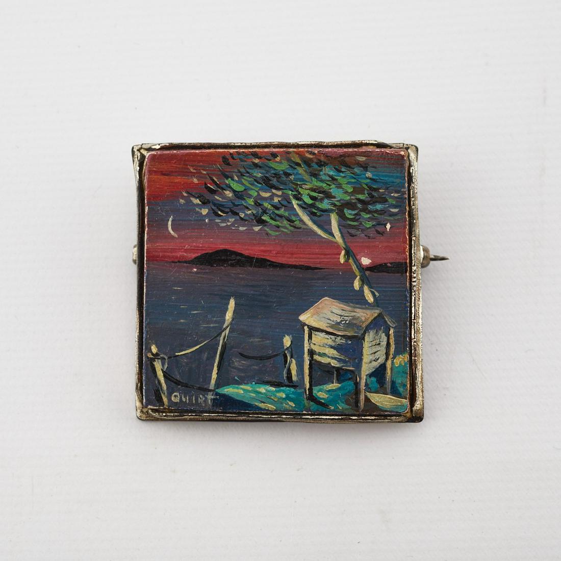 Walter Quirt Painted Pin: Walter Quirt (American, 1902-1968). Small square hand-painted pin depicting a boat house beneath a tree beside a lake. Signed along the lower left.Height: 1 2/3 in x width: 1 2/3 in.
