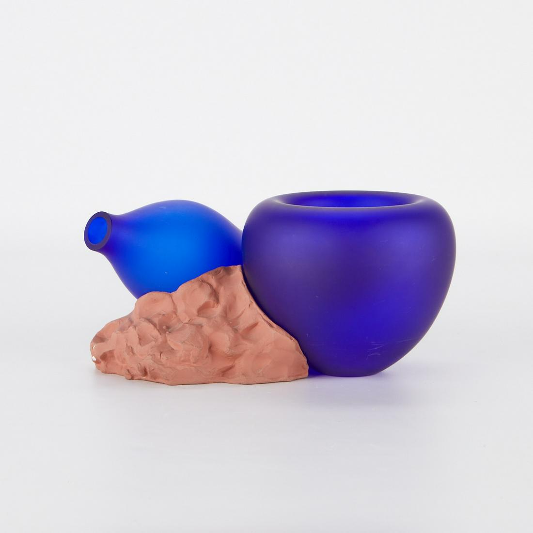 Anish Kapoor "Chastre" 1993: Anish Kapoor (British/Indian, b. 1954). Sculptural group titled "Chastre," 1993, consisting of two cobalt blue frosted glass vessels resting on or against a molded red earthenware terracotta