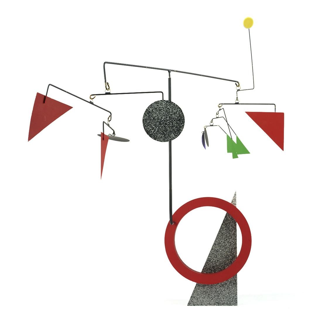 Calder Style Painted Metal Mobile Kinetic Sculpture: Style of Alexander Calder (American, 1898-1976). Modern tabletop polychrome painted metal standing mobile or kinetic sculpture consisting of geometric shapes in vibrant colors such as yellow, red, blu