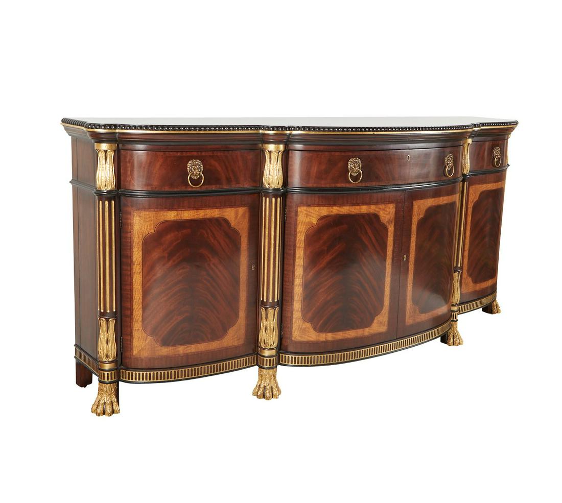 EJ Victor Regency Mahogany Buffet: EJ Victor, United States. Style 9201-21 Regency mahogany buffet. With an eight-piece radial crotch mahogany along the top face, half-round bead molding frames, top crotch mahogany field along the door