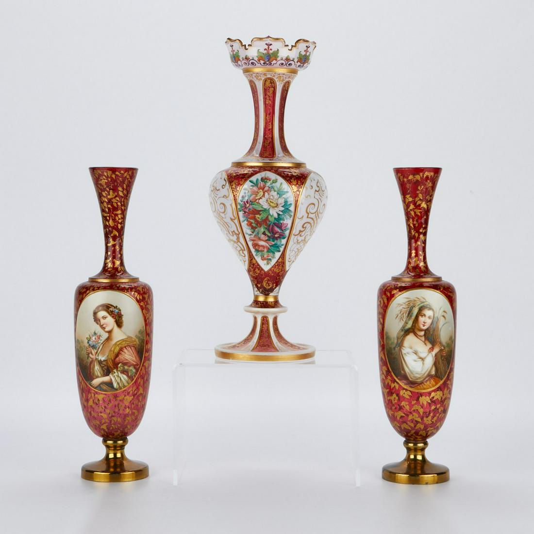 3 Cranberry Red Bohemian Glass Vases (1 of 9)