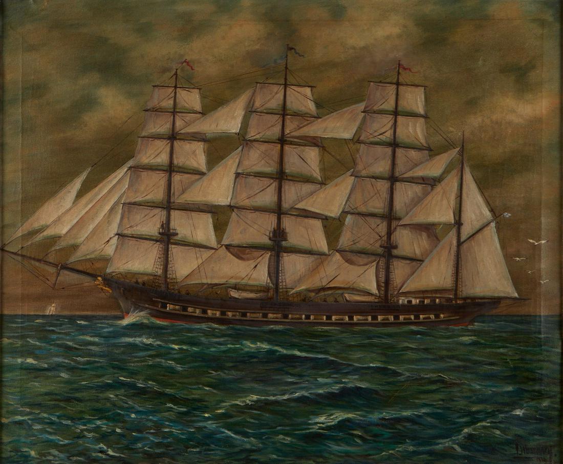 Nautical Ship 20th c. Oil on Canvas Painting: Naval oil on canvas painting depicting a ship with full sails on an oceanic landscape. Signed along the lower left "J. Wundrach," and dated 1938.Sight; height: 30 in x width: 35 in. Framed;