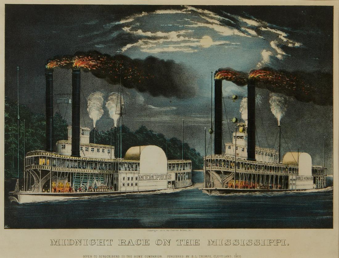 Currier & Ives "Midnight Race on the Mississippi": Currier and Ives, United States. Lithograph titled "Midnight Race on the Mississippi," depicting a steamboat race between the "Memphis" and the "James Howard" along a moo