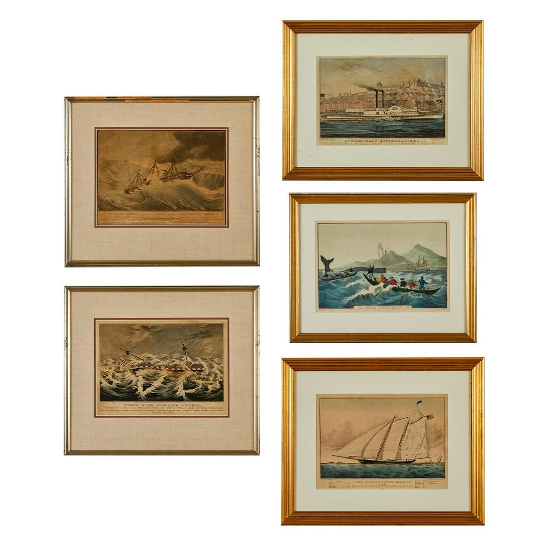5 Currier & Ives Naval Prints: Currier and Ives, United States. Group of five naval lithographs including: "The Clipper Yacht "America" of New York: Winner of the "Cup" in the Great Match for All Nations at