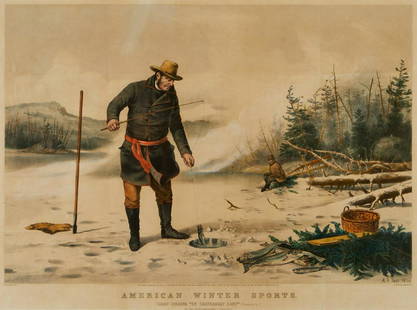 Currier & Ives "Am. Winter Sports: Trout Fishing": Arthur Fitzwilliam Tait (American/British, 1819-1905) and lithographed by Charles Parsons (American/British, 1821-1910) for Currier and Ives, United States. Hand colored lithograph titled &quot;Americ