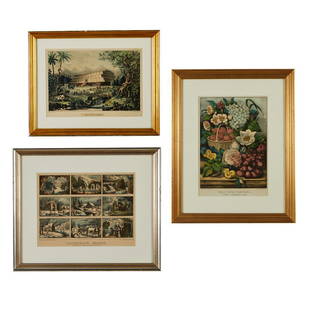 3 Currier & Ives Prints: Currier and Ives, United States. Group of three lithographs including:Napoleon Sarony (American, 1821-1896). "Noah's Ark," depicting a biblical scene of paired animals boarding Noah's Ark be