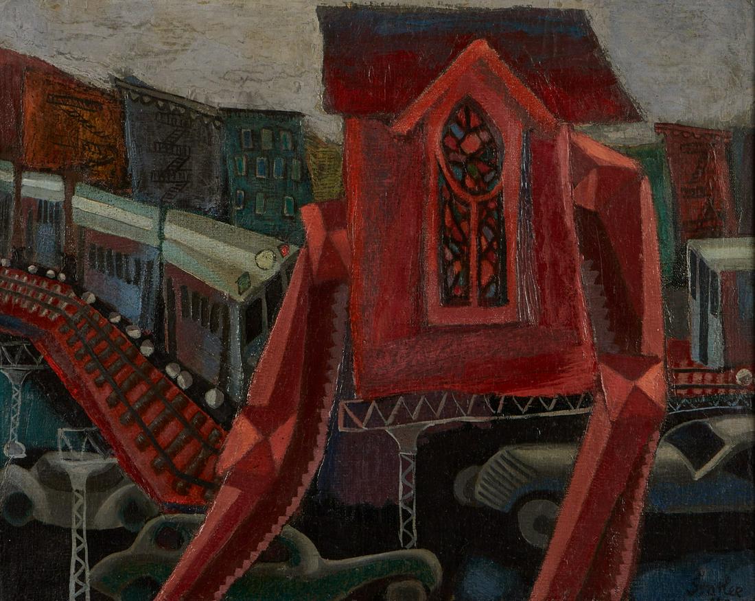 Alfred Statler "The Night Cathedral" Oil on Canvas: Alfred Statler (American, 1916-1984). Oil on canvas titled "The Night Cathedral," depicting a surreal train platform rising above assembled automobiles parked below in a transportation minde