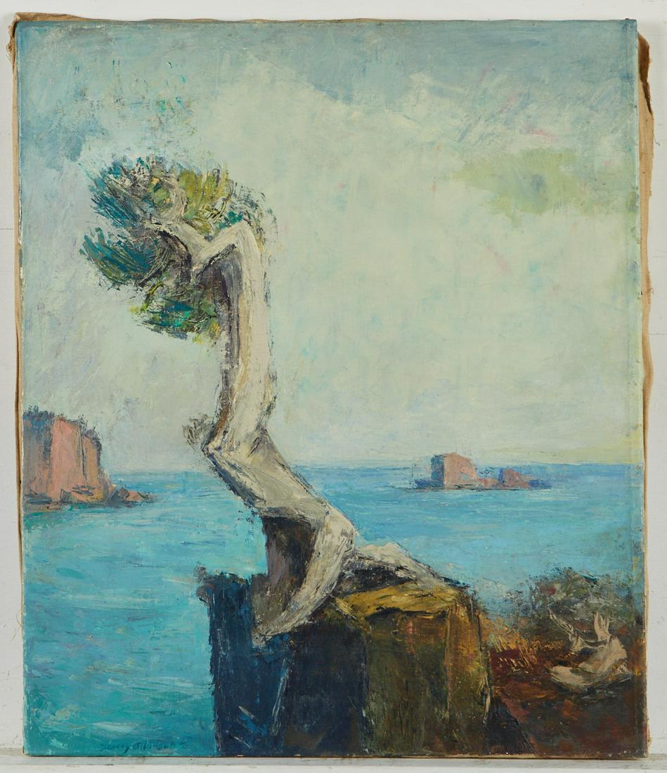 Dewey Albinson Witch's Tree Lake Superior Painting: Ernest Dewey Albinson (American, 1898-1971). Oil on canvas painting depicting the Witch's Tree overlooking Lake Superior. Signed along the lower left. Lot Essay: Dewey Albinson was born in Minneapolis
