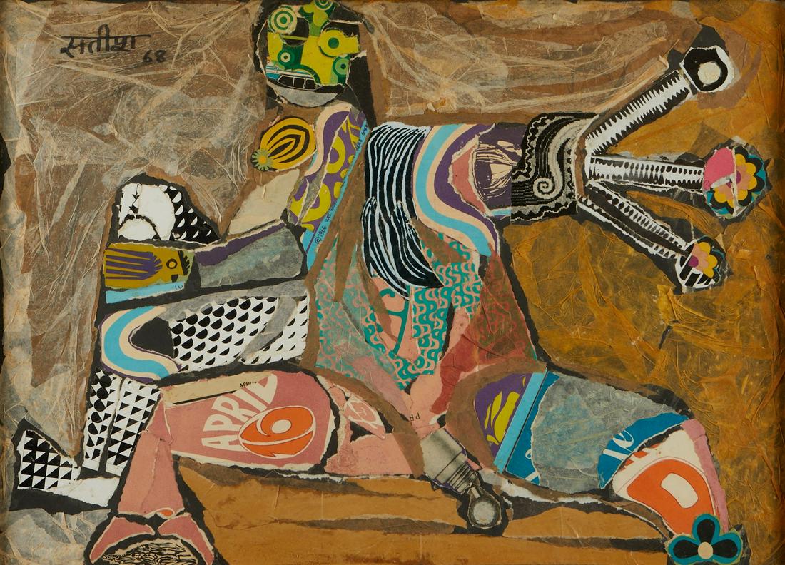 Satish Gujral Original Collage 1968: Satish Gujral (Pakistani/Indian, 1925-2020). Mixed media collage on board titled "Kali on the Mount" depicting a whimsical figure, 1968. Signed in Hindi and dated along the upper left quadra