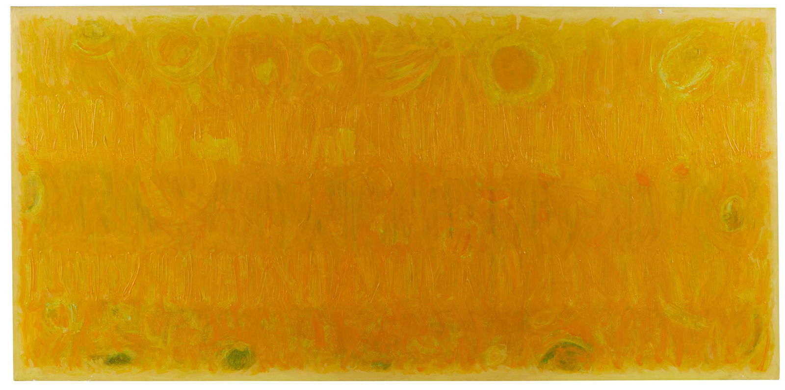 Lawrence Calcagno Sun Painting 1975 San Francisco: Lawrence Calcagno (American, 1913-1993). Acrylic on canvas titled "Sun Painting," depicting an abstract painting in colors of yellow and orange. Signed and dated 1975 along the verso.Provena