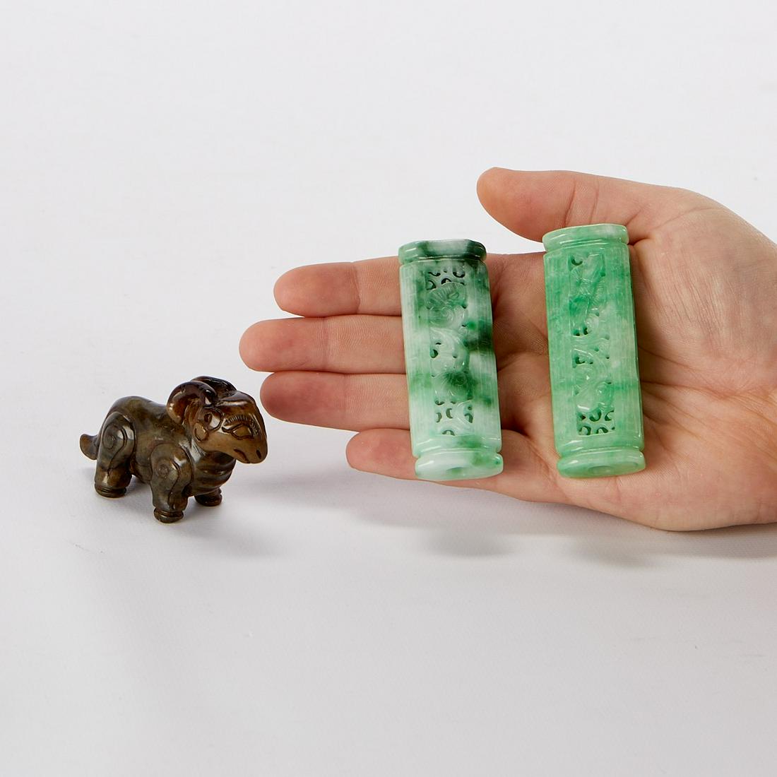 3 Modern Carved Chinese Jades: Group of three modern carved jade or hardstone decorative objects including one ram and two beads.Height ranges from 1 1/2 in to 3 in; width ranges from 1 in to 2 1/2 in; depth ranges from 1/2 in to 1