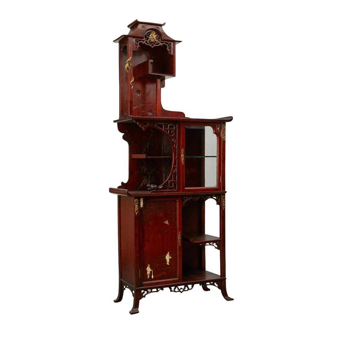 Gabriel Viardot Aesthetic Movement Curio Cabinet: Gabriel Viardot (French, 1830-1906). Aesthetic movement curio cabinet. The superstructure formed in the shape of a pagoda with bronze phoenix decoration over a glazed beveled shaped door. With an arra
