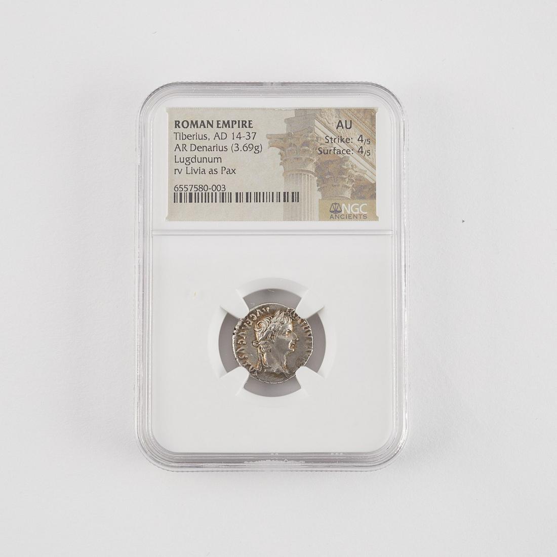 Roman Tiberius Lugdunum Denarius NGC AU (1 of 2)