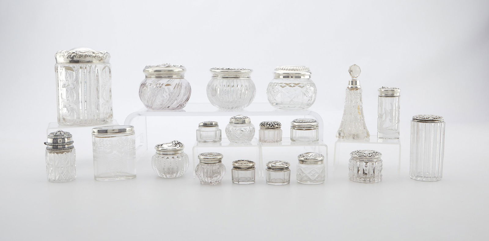 19 Crystal or Glass Vanity Jars w/ Silver Lids (1 of 16)