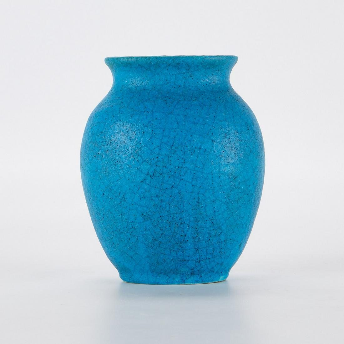 Edmond Lachenal Blue French Art Pottery: Edmond Lachenal (French, 1855-1948). Blue glazed ceramic pottery vase with an ovoid body and short, tapered neck. Faintly signed along the underside.Height: 7 in x width: 5 1/4 in x depth: 4 in.