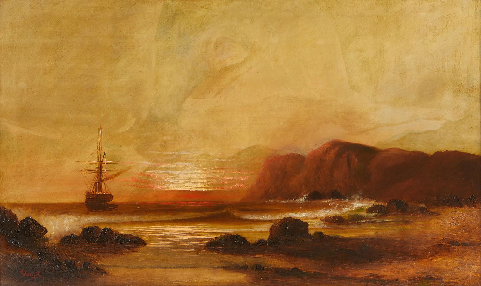 Alexander C. Stuart Marine Painting w/ Woman: Alexander Charles Stuart (British/American, 1831-1898). Oil on canvas painting depicting a landscape with a large ship on the horizon. The figure of a woman can be seen faintly on the horizon, possibl